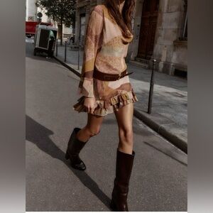 Zara Mini Dress in Beige, Brown and Mustard Patchwork